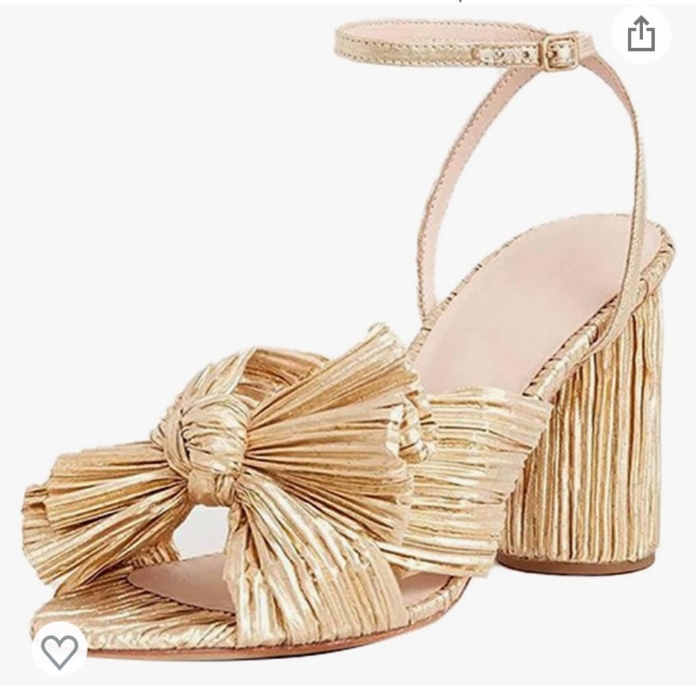 Gold Pleated Bow Chunky Heel